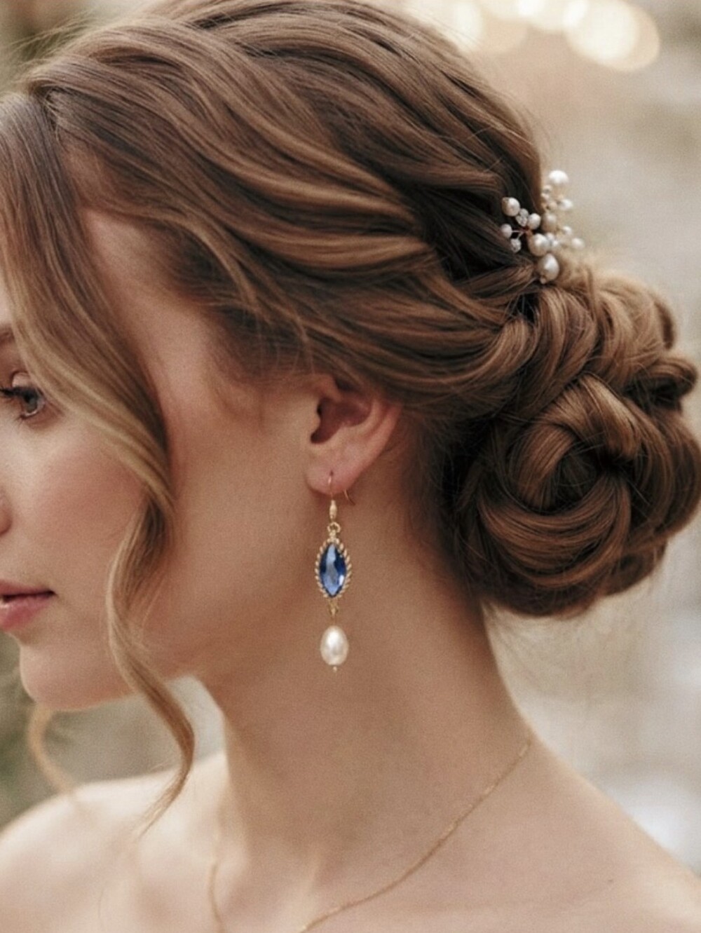 Handcrafted Blue Crystal & Pearl Gold Drop Earrings